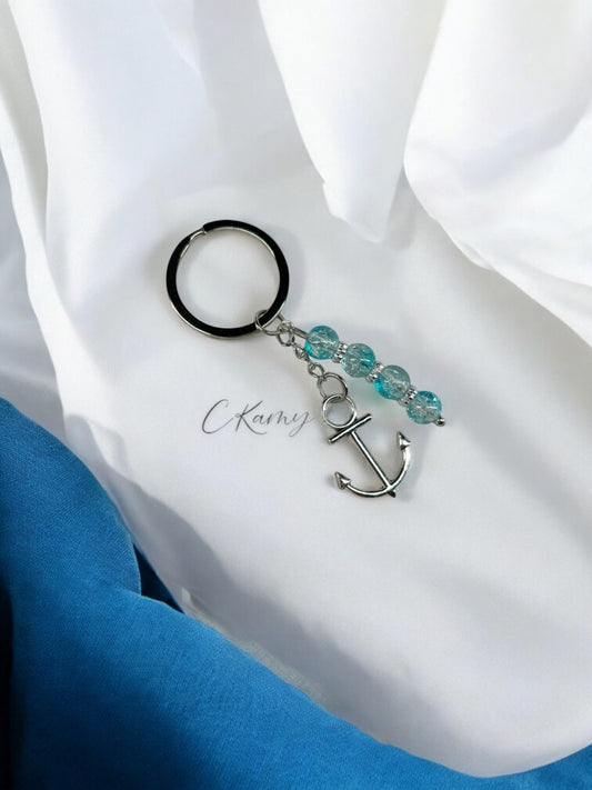 Porte clé personnalisé ancre bleu craquelé