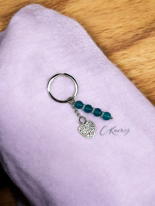 Porte clé personnalisé arbre de vie coeur bleu turquoise