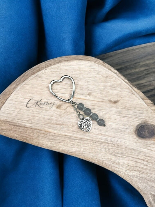Porte clé personnalisé arbre de vie coeur gris coeur