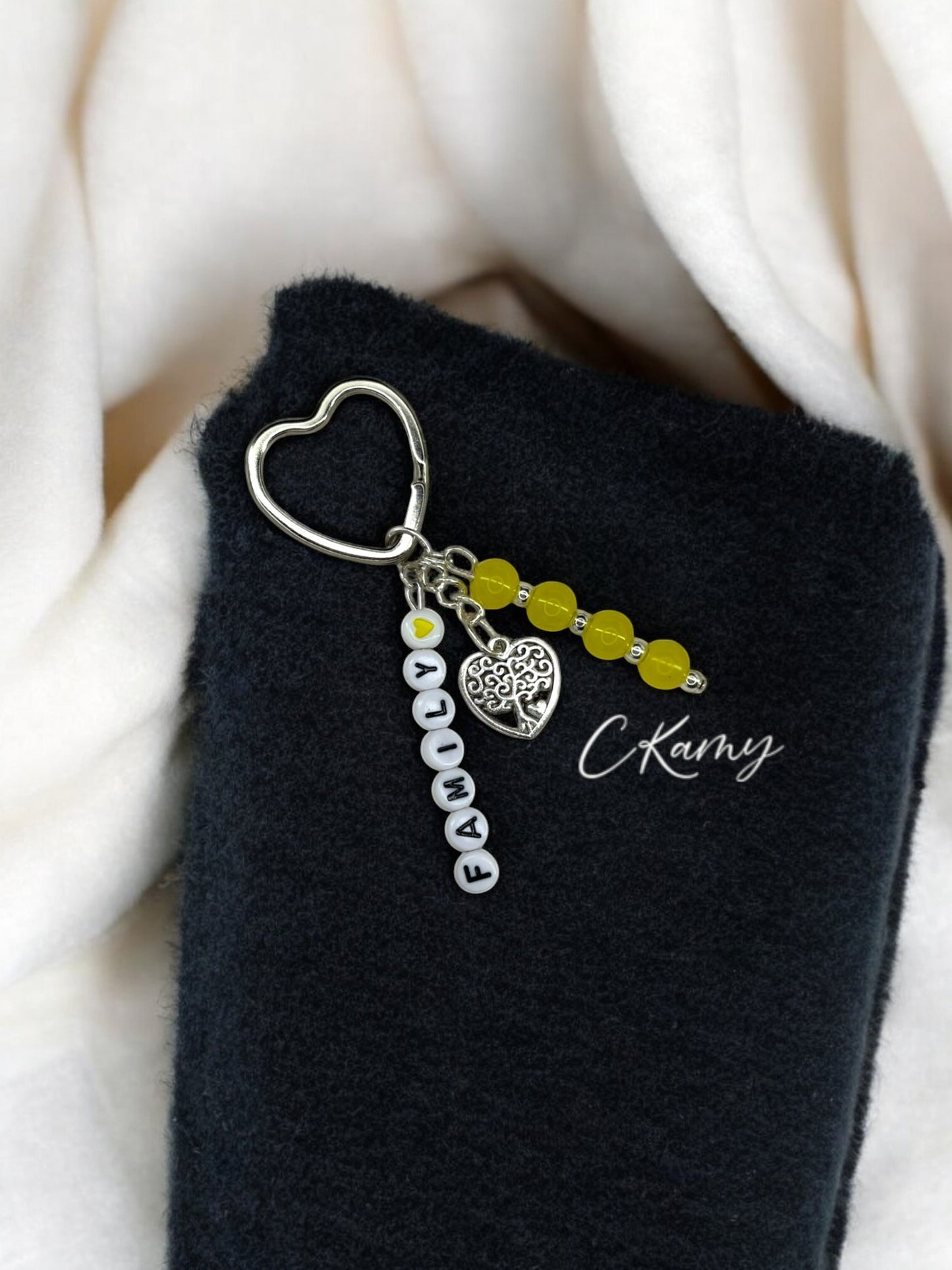 Porte clé personnalisé arbre de vie coeur jaune