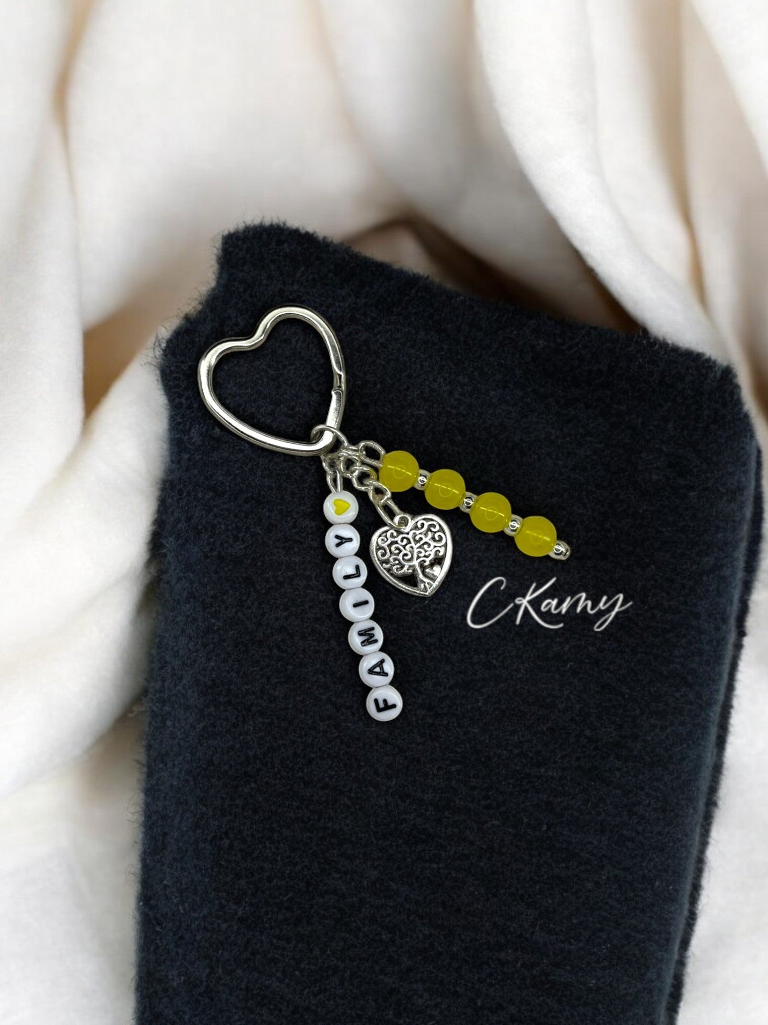 Porte clé personnalisé arbre de vie coeur jaune