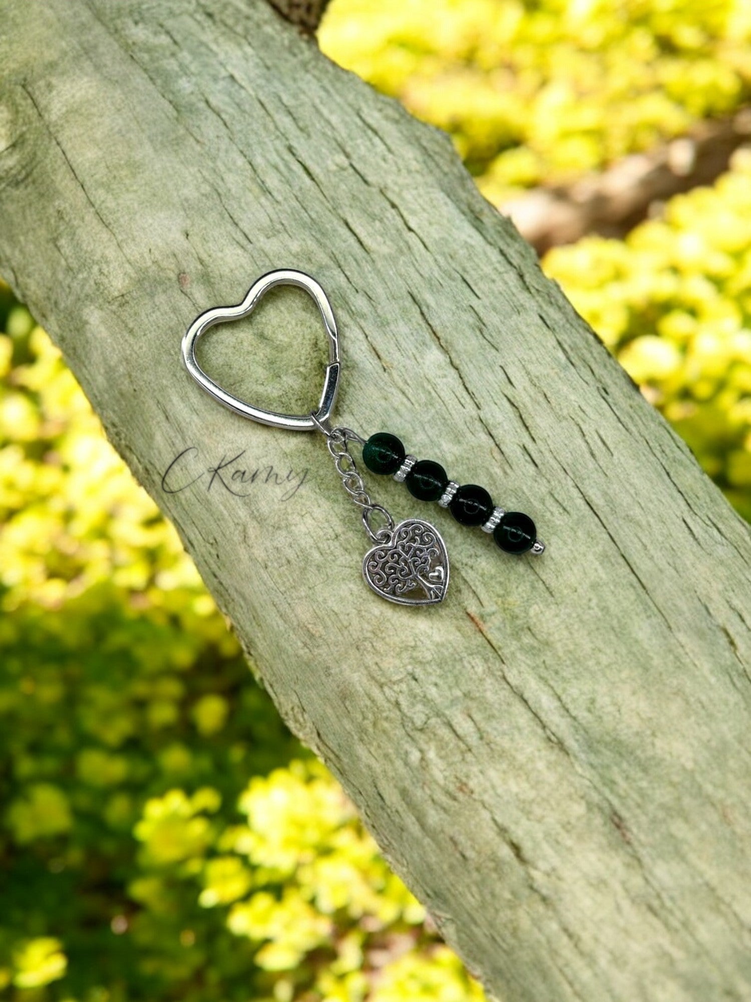 Porte clé personnalisé arbre de vie coeur vert foncé