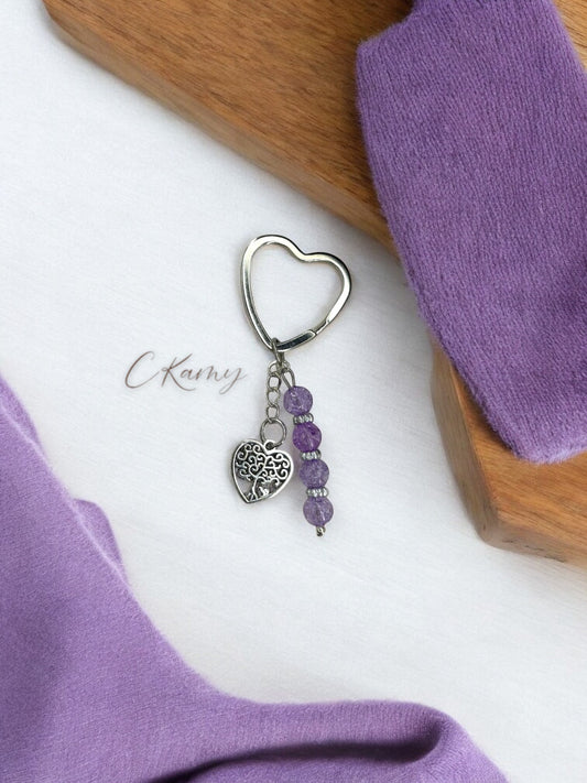 Porte clé personnalisé arbre de vie coeur violet