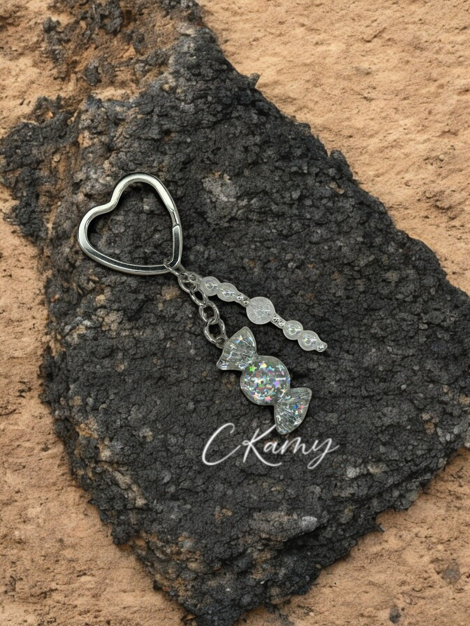 Porte clé personnalisé bonbon argent anneau coeur