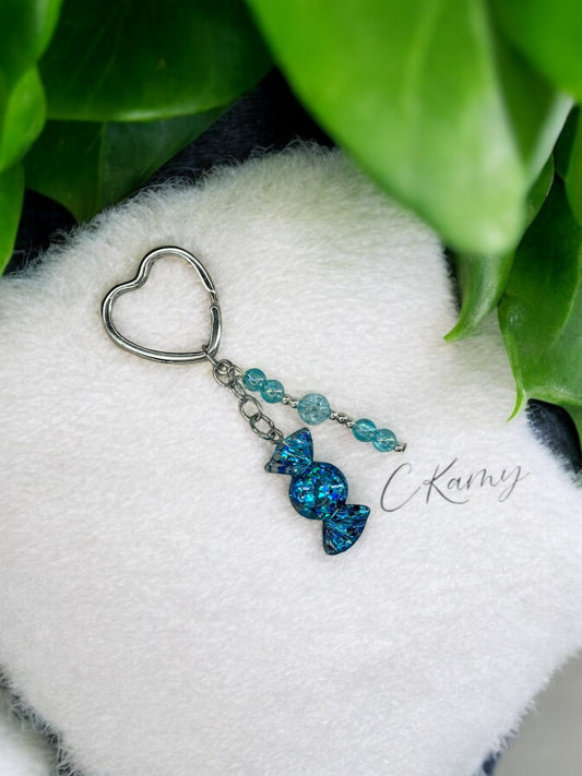 Porte clé personnalisé bonbon bleu anneau coeur