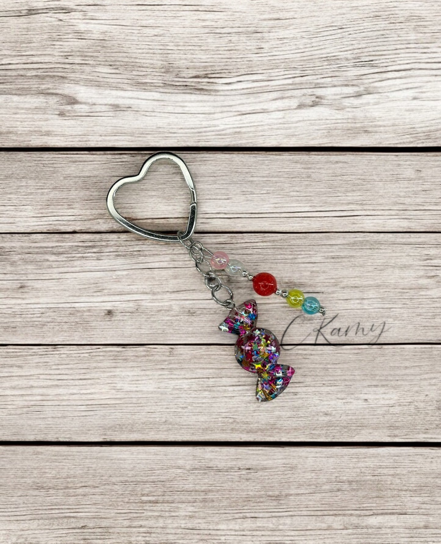 Porte clé personnalisé bonbon multicolore anneau coeur