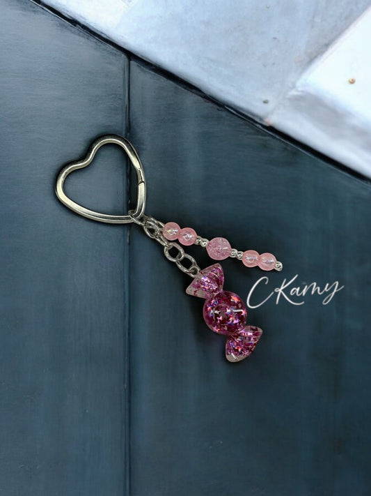 Porte clé personnalisé bonbon rose clair anneau coeur