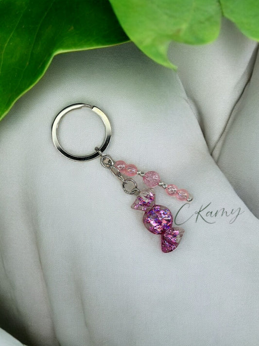 Porte clé personnalisé bonbon rose clair anneau rond