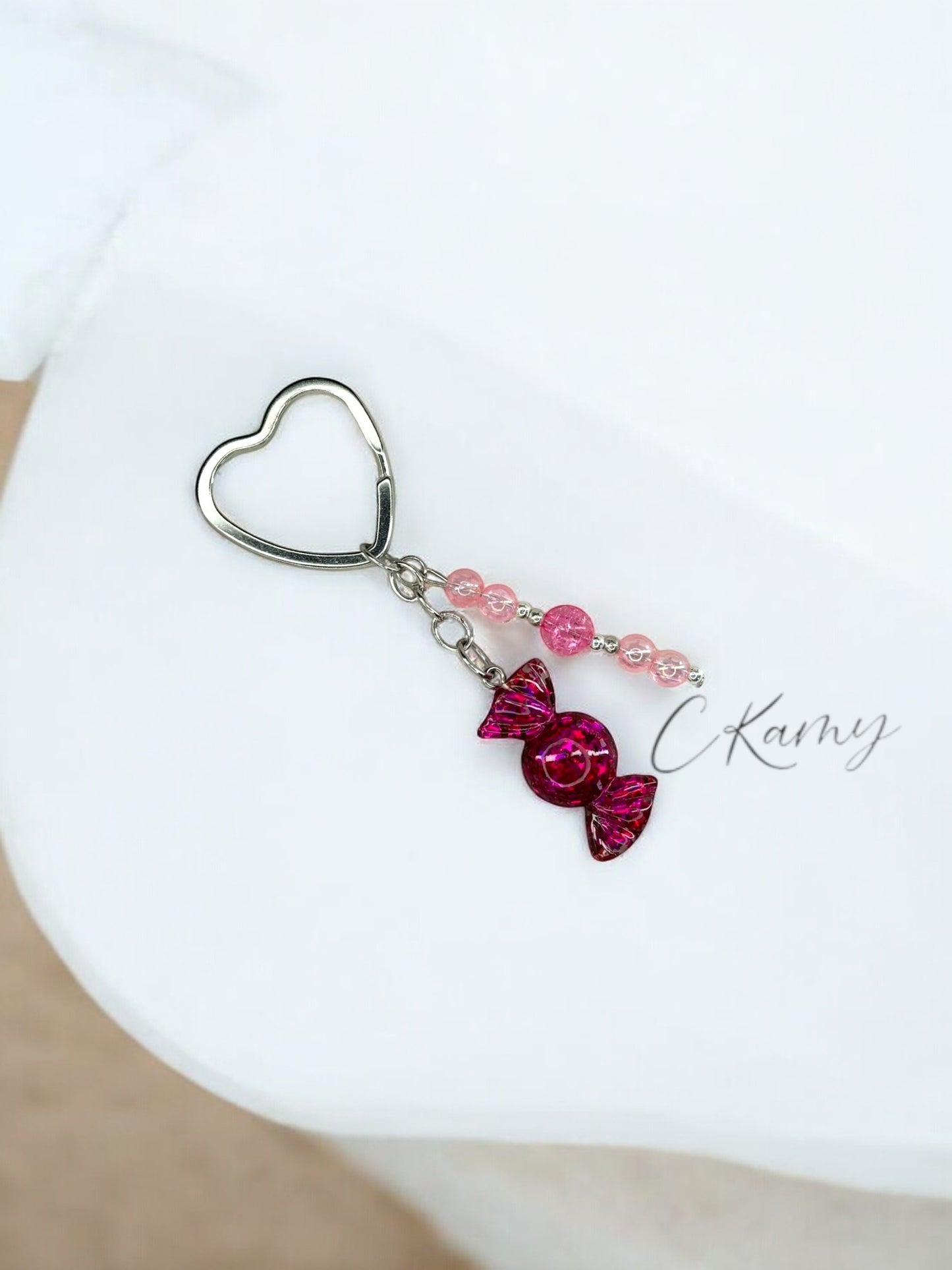 Porte clé personnalisé bonbon rose flash anneau coeur