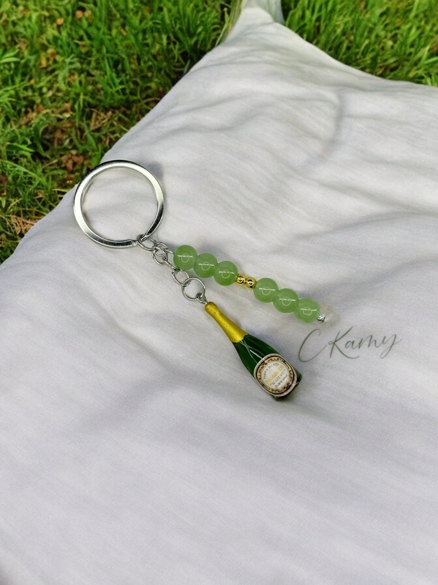 Porte clé personnalisé bouteille prosecco anneau rond