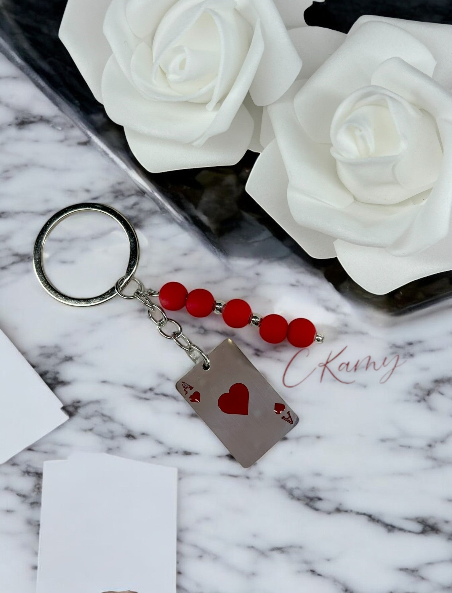 Porte clé personnalisé carte coeur rouge
