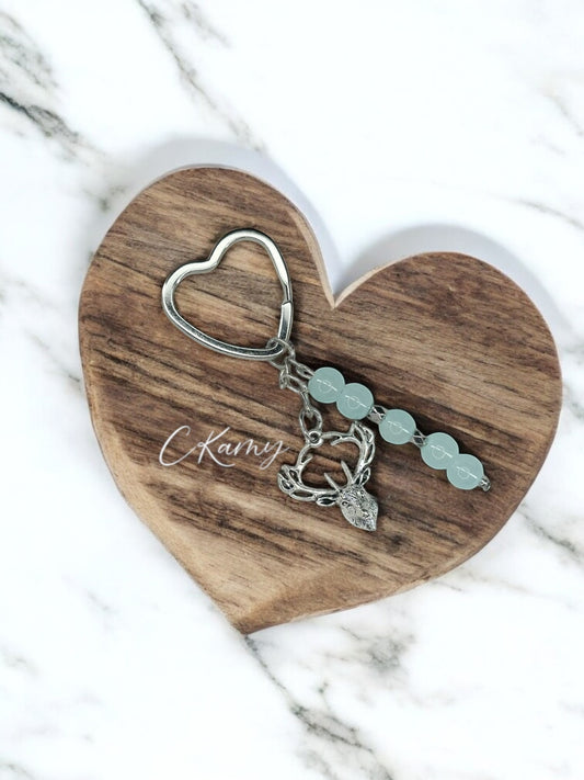 Porte clé personnalisé cerf bleu anneau coeur