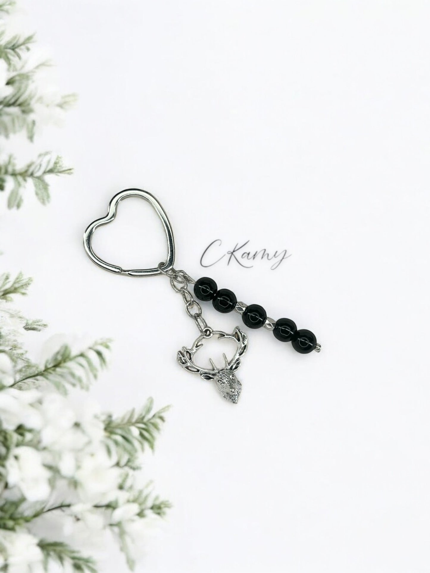 Porte clé personnalisé cerf noir anneau coeur