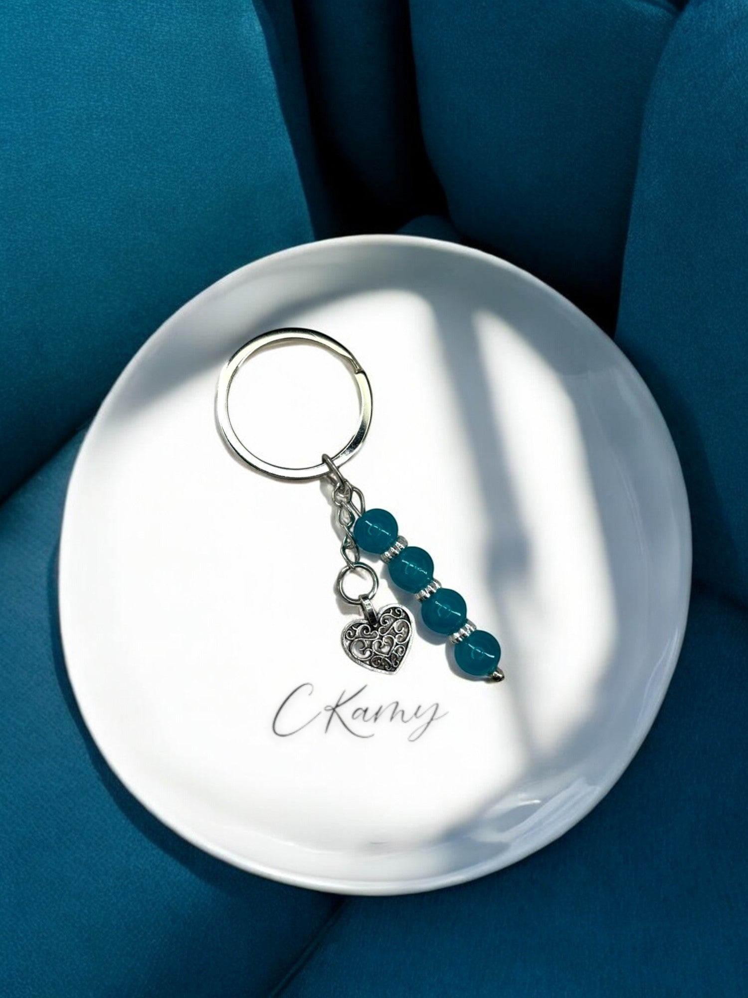 Porte clé personnalisé coeur ancien bleu turquoise