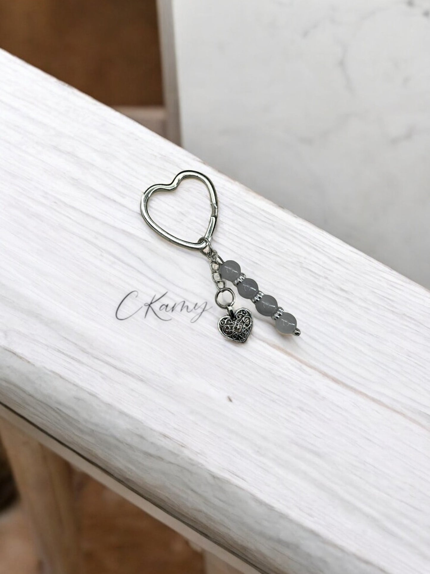 Porte clé personnalisé coeur ancien gris coeur