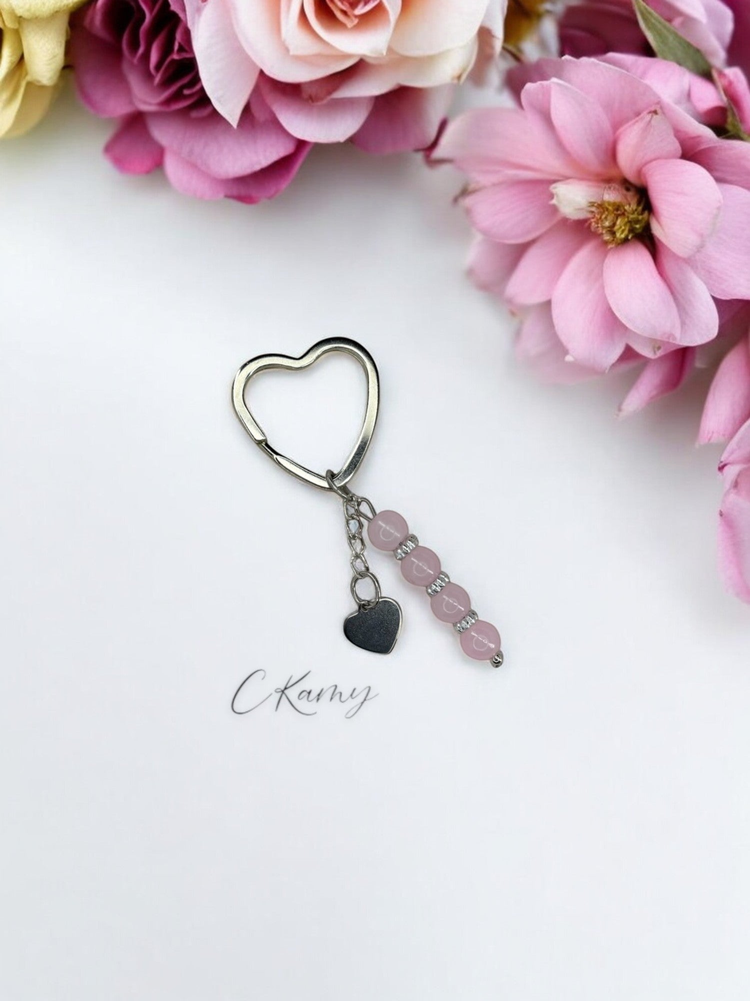 Porte clé personnalisé coeur plat rose clair