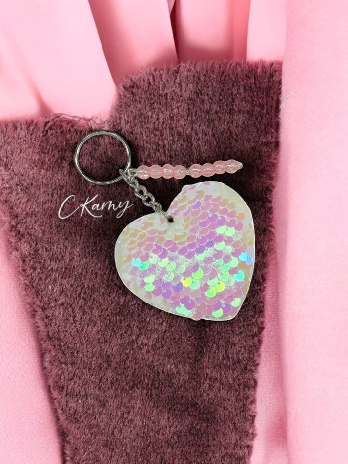 Porte clé personnalisé coeur sequins blanc rosé