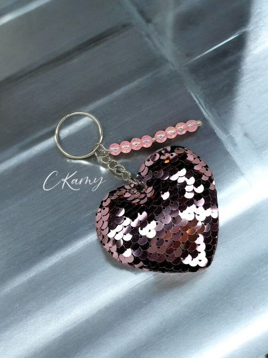 Porte clé personnalisé coeur sequins rose