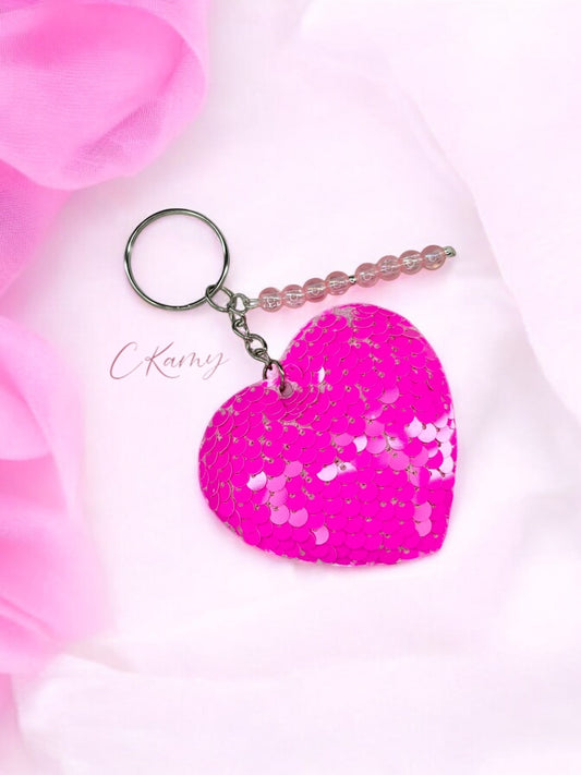 Porte clé personnalisé coeur sequins rose flash