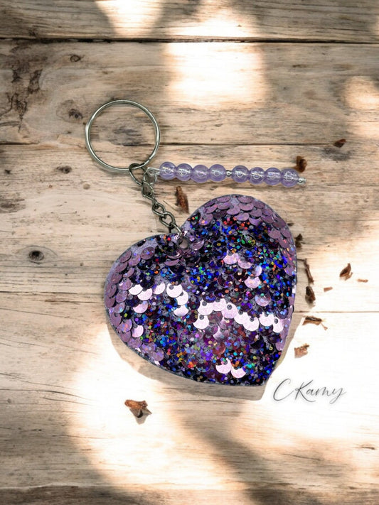 Porte clé personnalisé coeur sequins violet paillettes