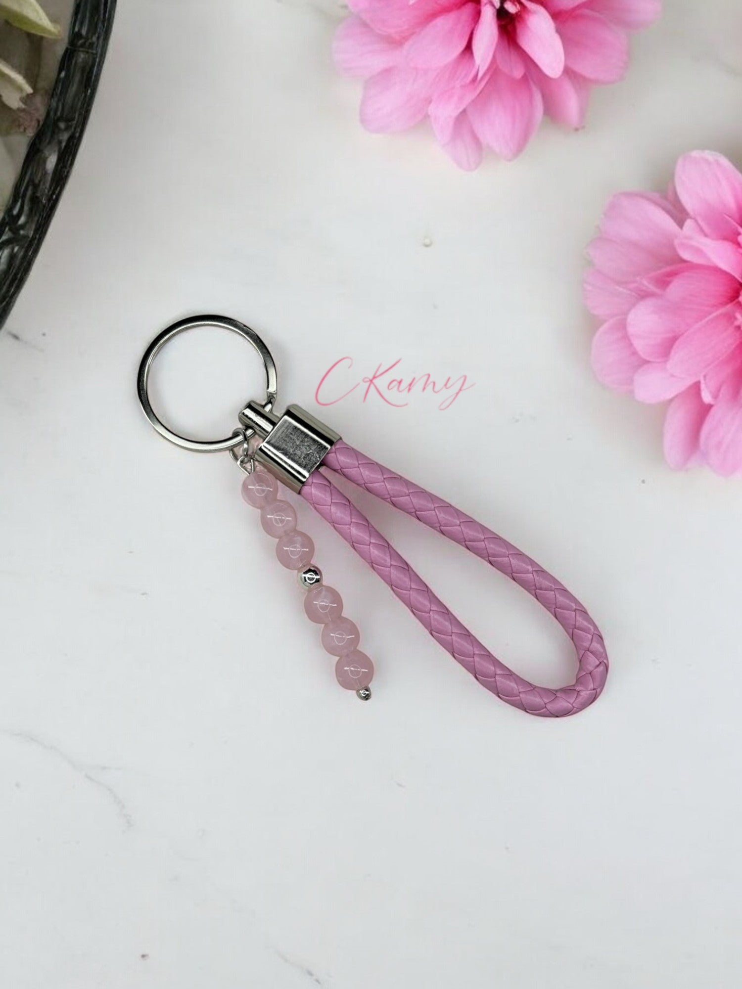 Porte clé personnalisé dragonne rose clair