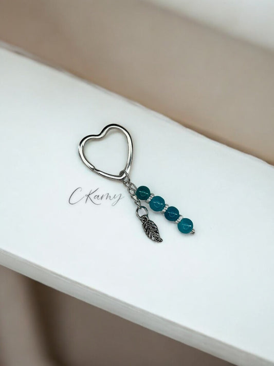 Porte clé personnalisé feuille bleu turquoise