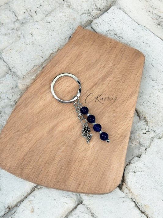Porte clé personnalisé fleur rose bleu foncé