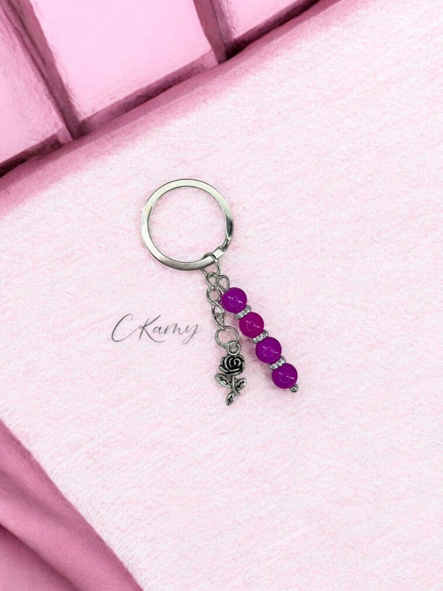 Porte clé personnalisé fleur rose rose flash