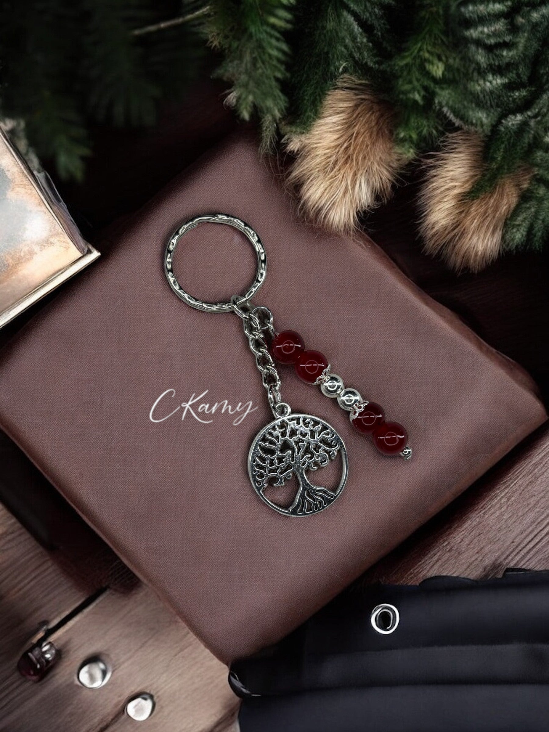 Porte clé personnalisé grand arbre de vie rouge