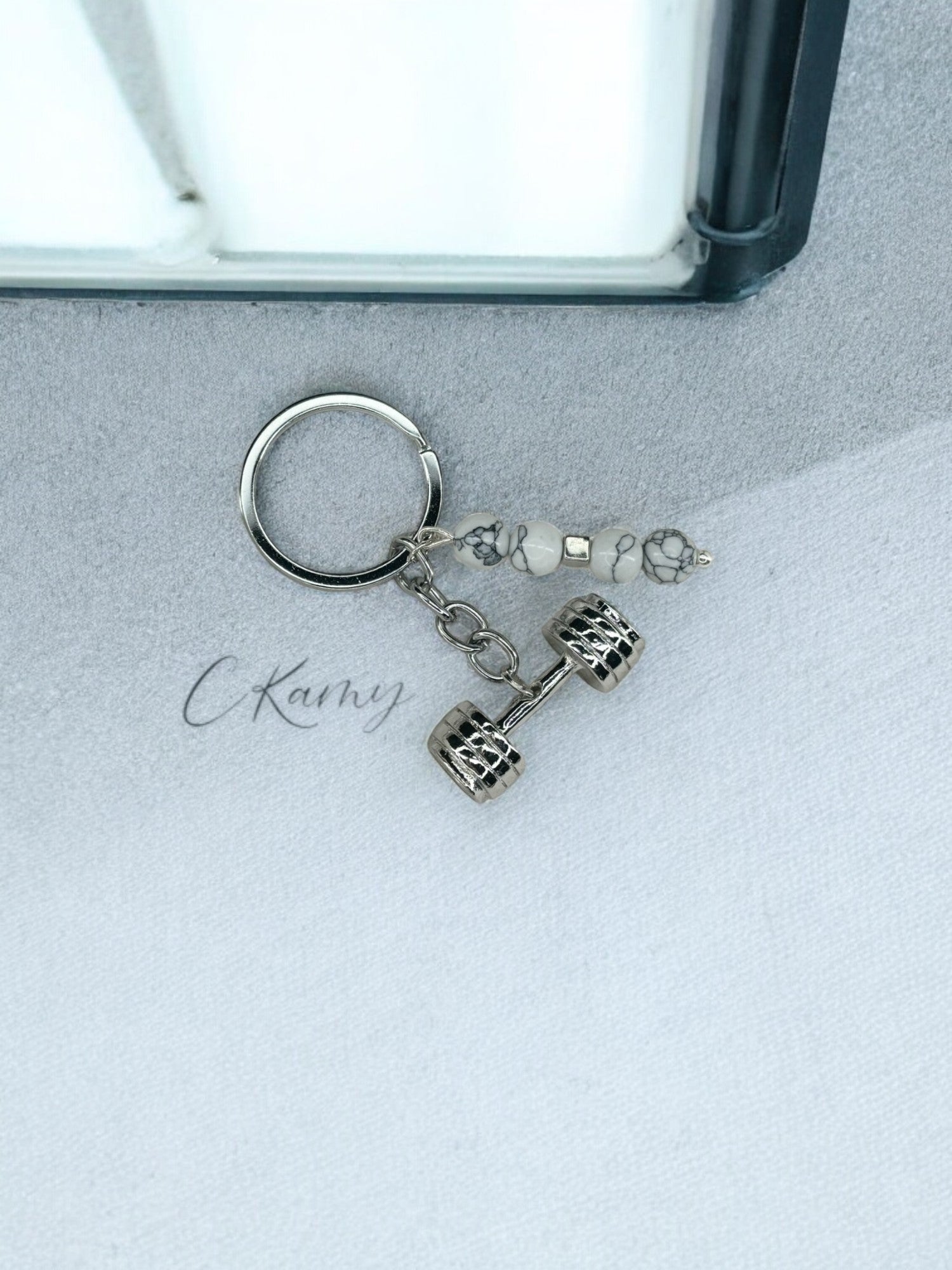 Porte clé personnalisé haltère argent blanc