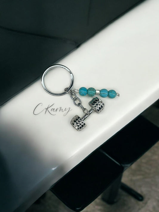Porte clé personnalisé haltère argent bleu
