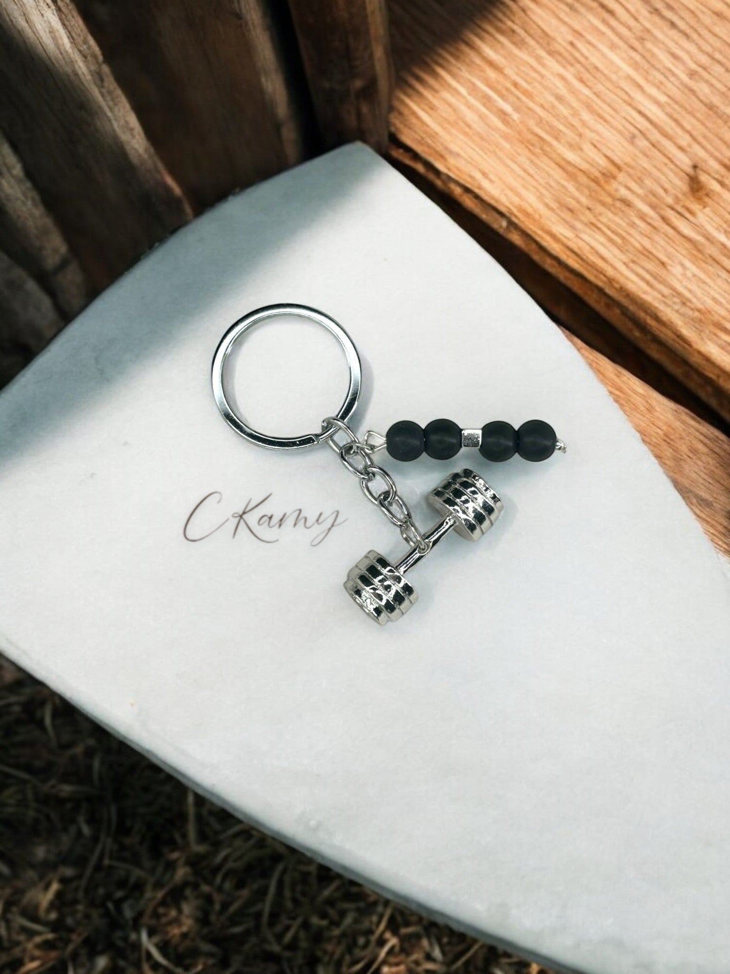 Porte clé personnalisé haltère argent noir