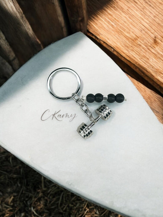 Porte clé personnalisé haltère argent noir