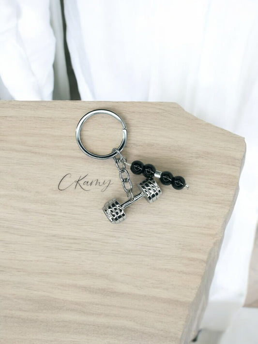 Porte clé personnalisé haltère argent noir brillant