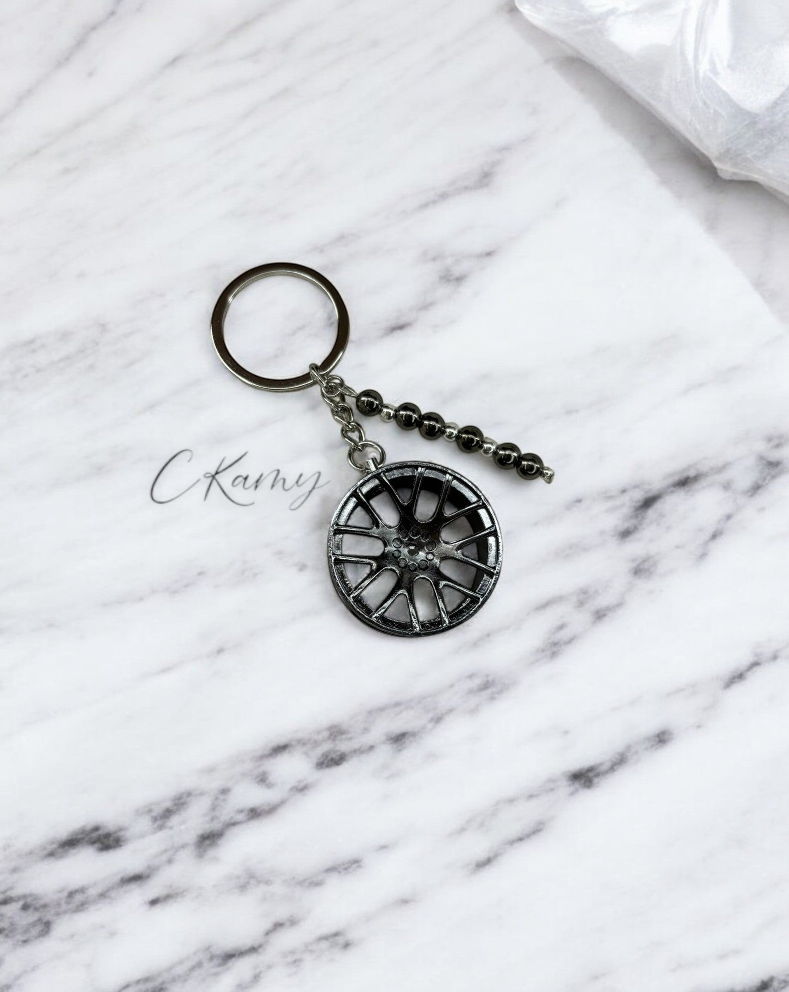 Porte clé personnalisé jante noir argent