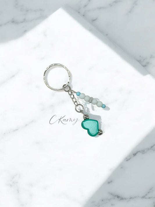 Porte clé personnalisé perle coeur bleu vert