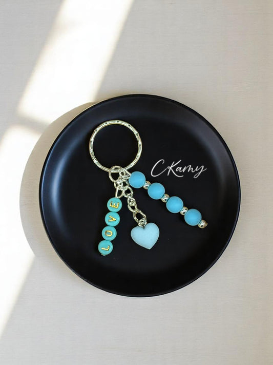 Porte clé personnalisé petit coeur bleu clair rond
