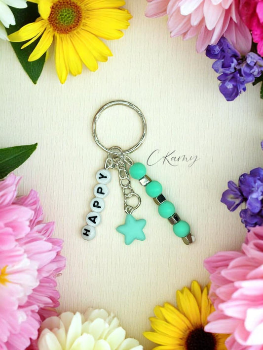 Porte clé personnalisé petite étoile bleu vert carré