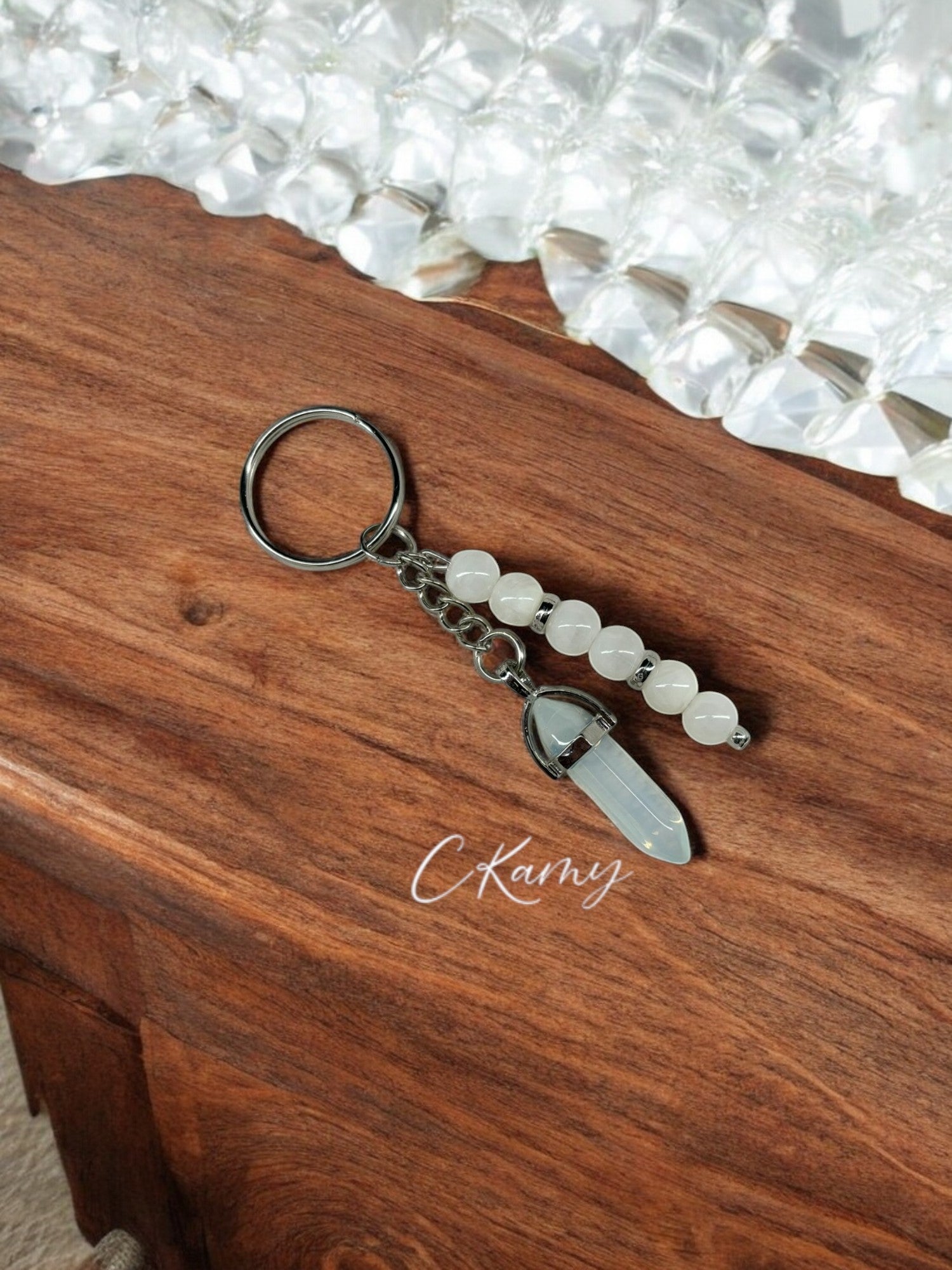 Porte clé personnalisé pierre blanc transparent