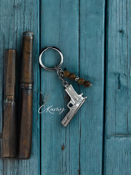 Porte clé personnalisé pistolet argent bois