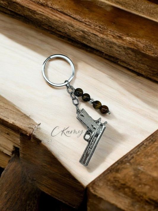 Porte clé personnalisé pistolet argent marron