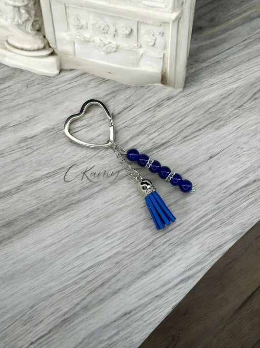 Porte clé personnalisé pompon épais bleu foncé anneau coeur