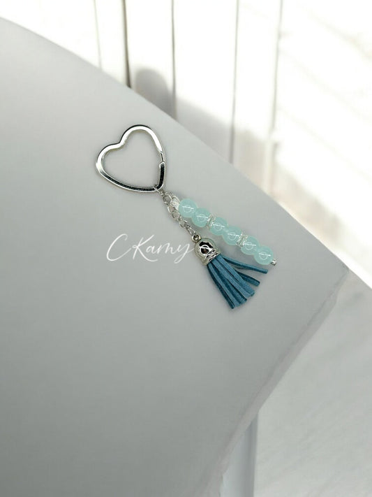 Porte clé personnalisé pompon épais bleu jeans anneau coeur