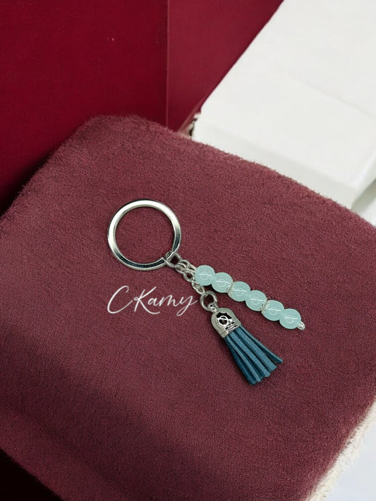 Porte clé personnalisé pompon épais bleu jeans anneau rond