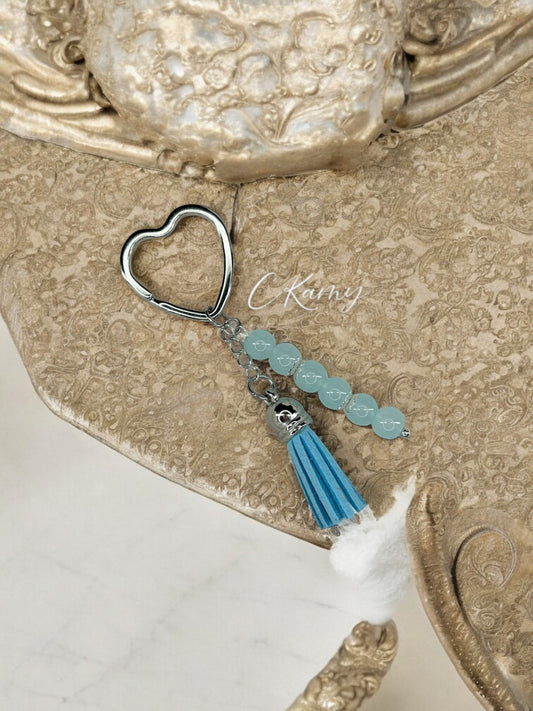 Porte clé personnalisé pompon épais bleu turquoise anneau coeur