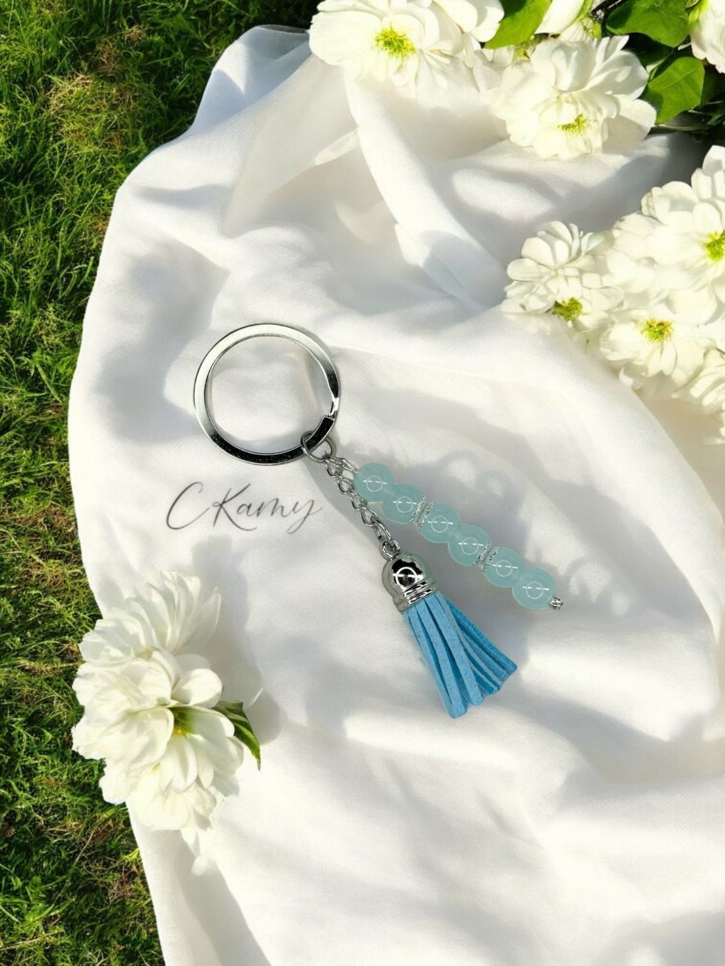 Porte clé personnalisé pompon épais bleu turquoise anneau rond