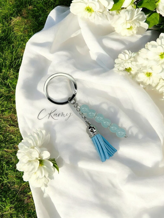 Porte clé personnalisé pompon épais bleu turquoise anneau rond