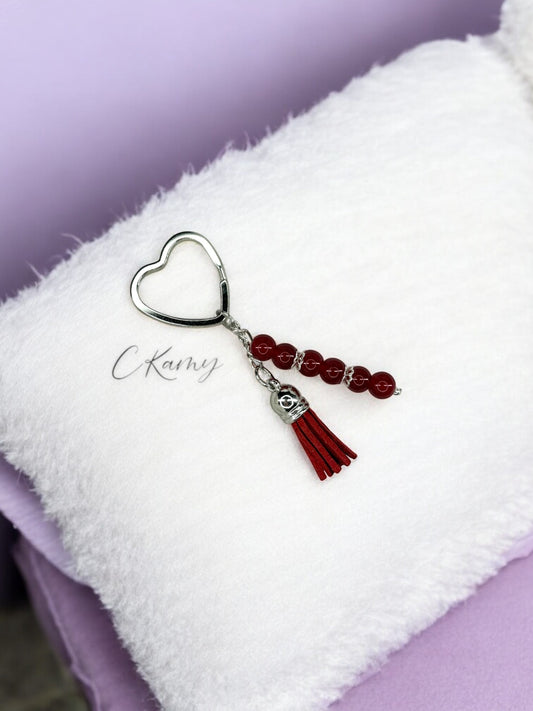 Porte clé personnalisé pompon épais bordeaux anneau coeur