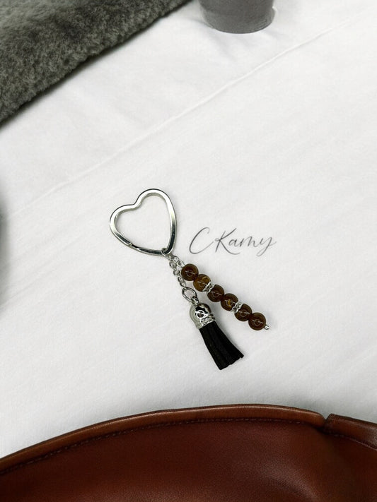 Porte clé personnalisé pompon épais marron anneau coeur