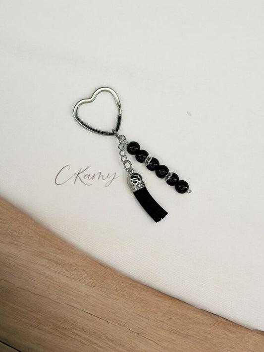Porte clé personnalisé pompon épais noir anneau coeur